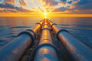 Offshore pipeline at sunset, stretches toward the horizon over calm seas. Perfect for illustrating infrastructure, energy, and transportation themes.