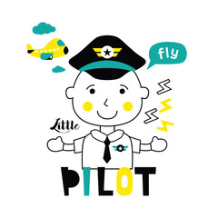 Cartoon child wearing pilot uniform smiling with airplane icon and speech bubble in playful aviation theme. Kids illustration concept
