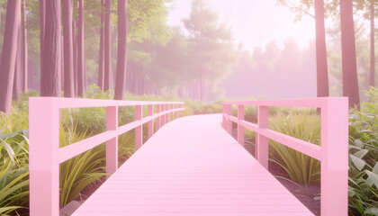 Firefly Nature Trail with Pink Wooden Bridge Through Forest Landscape Integrated Signage and Preserved Natural Vegetation During Sunny Day