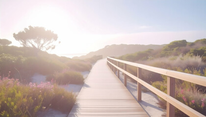 Firefly Nature Trail with Wooden Boardwalk Through Sandy Dunes and Preserved Vegetation Under Bright Sunlight and Clear Sky Scenic Landscape