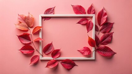 Autumnal foliage arranged around a simple white frame on a soft pink background, perfect for seasonal announcements or invitations.