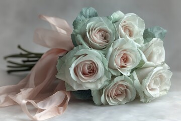 Obraz premium Delicate bouquet of pastel roses tied with ribbon.