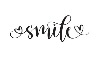 Smile. Hand-written word with hearts. Calligraphy for motivational art, designs, posters, and mugs. Lettering design