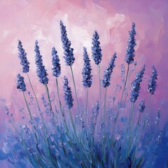 Lavender Field Oil Painting Impressionistic Style Purple and Pink Hues Close Up View Floral Art Illustration