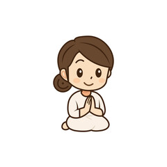 cute girl meditating in white clothes cartoon character