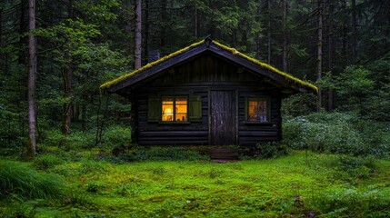 Fototapeta premium A cozy wooden cabin nestled peacefully inside a dark green forest
