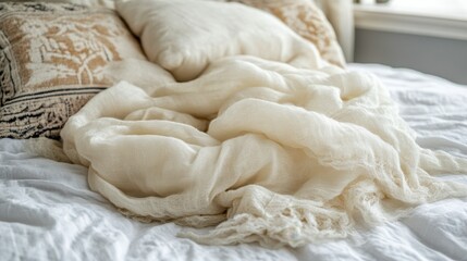 Cozy bedroom scene of linen throw blanket draped on white bed with pillows in soft light