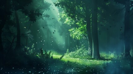 Sunlight Streaming Through Dense Green Forest Creating Atmospheric Scene