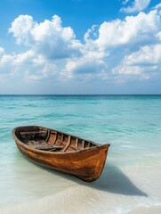 Naklejka premium Weathered wooden rowboat rests on a white sand beach with turquoise water and a blue sky aerial view