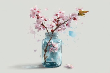 Delicate cherry blossoms in a glass vase, a painted floral still life.