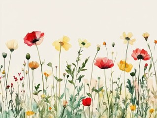 Fototapeta premium Watercolor Painting of Wildflowers in a Field, Eye-Level View, Floral Illustration, Delicate Colors, Botanical Art, Spring Meadow