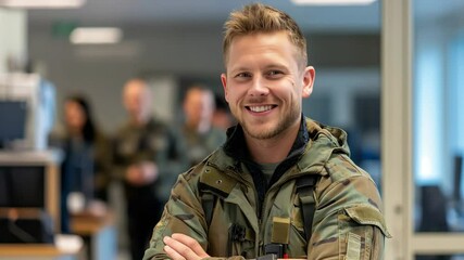 Professional military officer standing confidently in office, crossing arms and smiling while blurred colleagues work in background, embodying leadership and workplace dedication