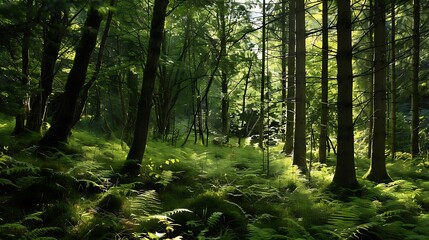 Obraz premium Sunlit Forest Scene with Lush Green Foliage and Tree Trunks in Sunlight