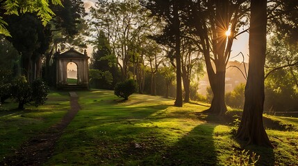 Obraz premium Sunlit Forest Scene With Stone Structure And Lush Greenery In Peaceful Atmosphere