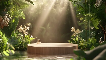 Lush, tropical setting with a circular wooden platform.
