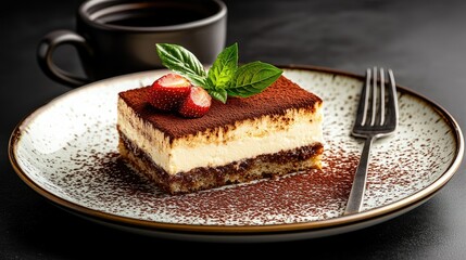 A delicious tiramisu slice with fresh berries and garnish