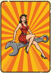 Adobe Illustrator Retro aesthetic poster illustration of a vintage pin-up style mechanic woman in a red dress sitting on a large wrench. Classic glamour and automotive theme design with a radial backg