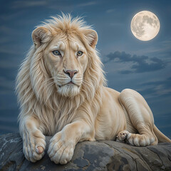 Majestic White Lion Under the Full Moon