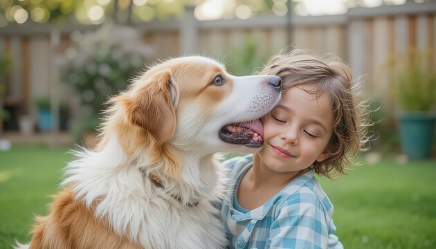 A young girl with closed eyes is being affectionately licked on the face by a golden retriever dog outside