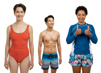 Three Diverse Adult Swimmers: A Caucasian Woman in Red Swimwear, a Southeast Asian Man in Swim Trunks, and a Black Woman in Blue Athletic Attire, Posing Against a transparent background