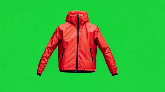 Bright Red Waterproof Jacket on Green Background for Outdoor Activities and Fashion Styles