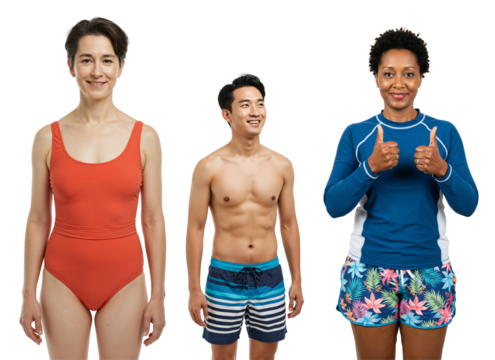 Three Diverse Adult Swimmers: A Caucasian Woman in Red Swimwear, a Southeast Asian Man in Swim Trunks, and a Black Woman in Blue Athletic Attire, Posing Against a transparent background