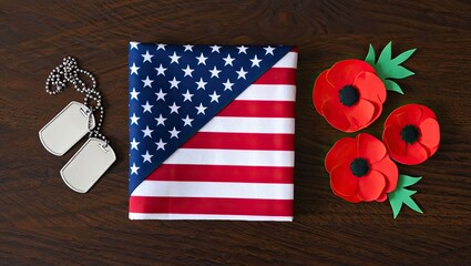 Obraz premium American flag with poppies and dog tags honoring memorial day and veterans day