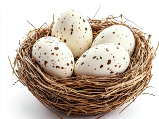 Four speckled eggs resting in a woven bird nest studio shot on white background easter spring concept still life close up