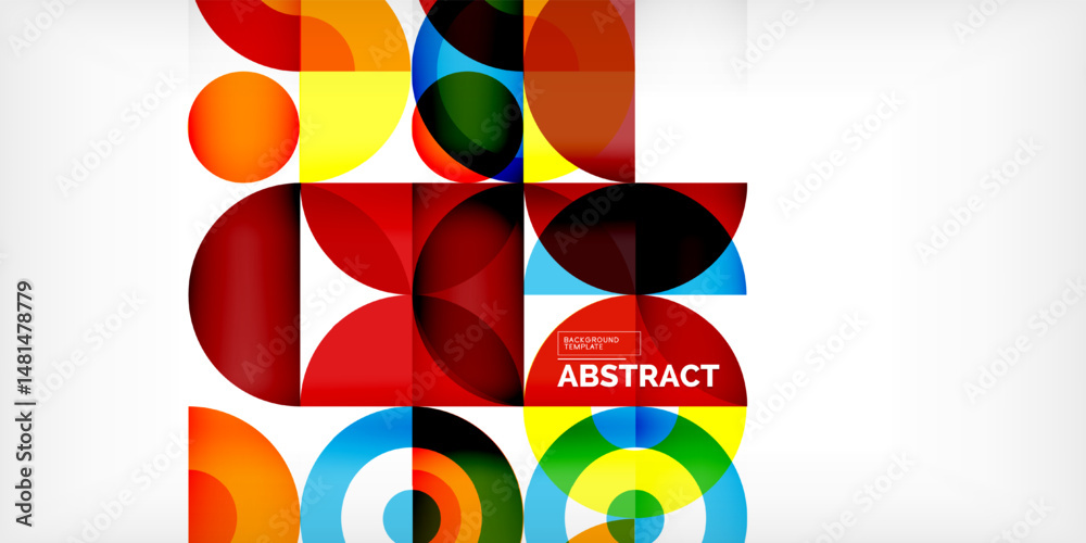 Poster colorful geometric shapes overlap, creating modern abstract design. bright hues contrast against dar