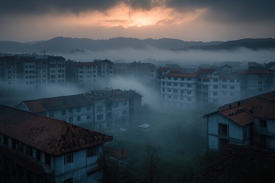 Misty cityscape at dawn
