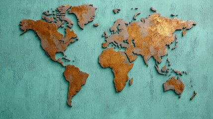 Rusty Metal World Map on Teal Background