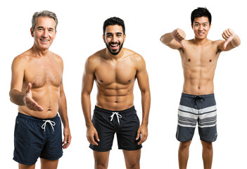 Fototapeta premium Three Fit Males of Varying Ages and Ethnic Backgrounds Posing Confidently Against a transparent background, Showcasing Their Muscular Physiques and Athletic Builds
