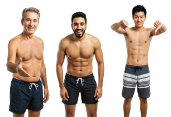 Three Fit Males of Varying Ages and Ethnic Backgrounds Posing Confidently Against a transparent background, Showcasing Their Muscular Physiques and Athletic Builds