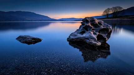 A serene landscape depicts water and rocks at dawn or dusk