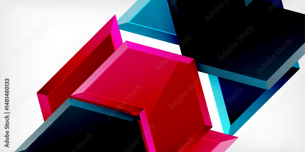 Poster Abstract geometric shapes overlap, creating dynamic composition. Vivid colors contrast against dark background. Modern design elements present.