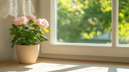 Fototapeta premium Dreamy Countryside Cottage Window with Pink Roses and Delicate Lace Curtain
