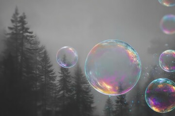 Colorful soap bubbles float gently through a misty forest, creating a surreal contrast between the delicate rainbow hues and the dark, moody atmosphere of the tall trees.