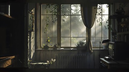 Sunlit Window View Of Interior Space With Green Plants And Rustic Wooden Elements