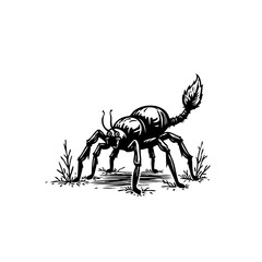 Monochromatic arachnid illustration with prominent tail and elongated legs