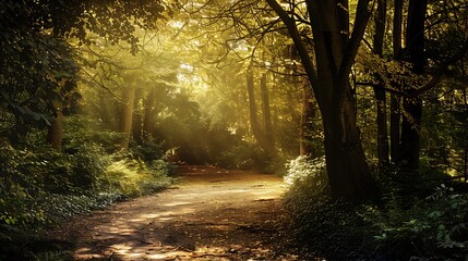 Obraz premium Sunlit Pathway Through a Lush Green Forest with Golden Light and Shadows