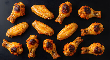A bunch of crispy chicken wings are laid out in a grid on a black backdrop. They're all different sizes and have a mix of charred, spicy seasoning