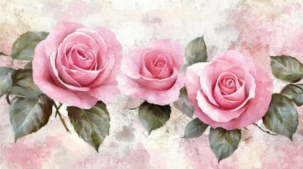 Three pink roses watercolor painting floral arrangement romantic art illustration soft pastel colors