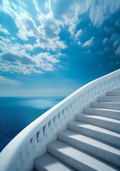 Ascending Marble Stairway with Elegant White Railing Against Blue Sky and Sea Horizon