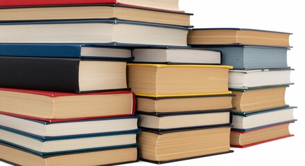 Stacked Books in Various Colors and Sizes on a White Background
