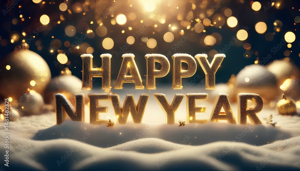 Poster happy new year background on the snow with bokeh light background.