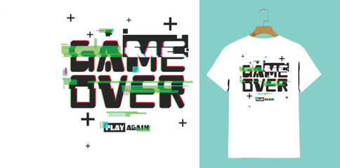 Game Over Glitch T-Shirt – Retro Gamer Tee with Play Again Pixel Art Design for Video Game Lovers

