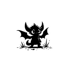 A whimsical, stylized black silhouette of a tiny, horned winged creature