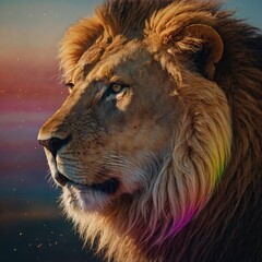 Warm Lion Illustration with Bold Rainbow Line Effects.