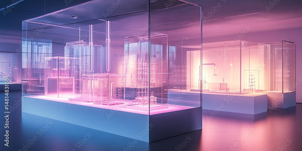 Poster A modern physics lab showcasing transparent experiment setups and illuminated theoretical models.
