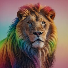 Whimsical Lion Character in Rainbow Gradient Lines.